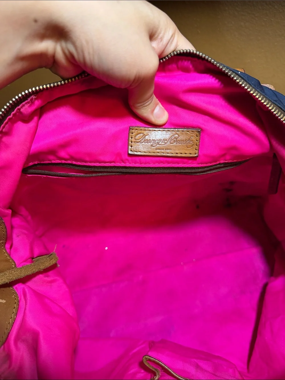 Dooney & Bourke Navy Nylon Messenger Bag with Tan Leather Trim